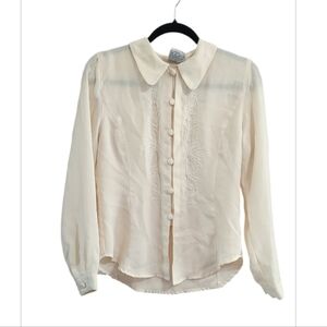 Vintage Alexon Cream Button-Down Long Sleeve Embroidered Blouse